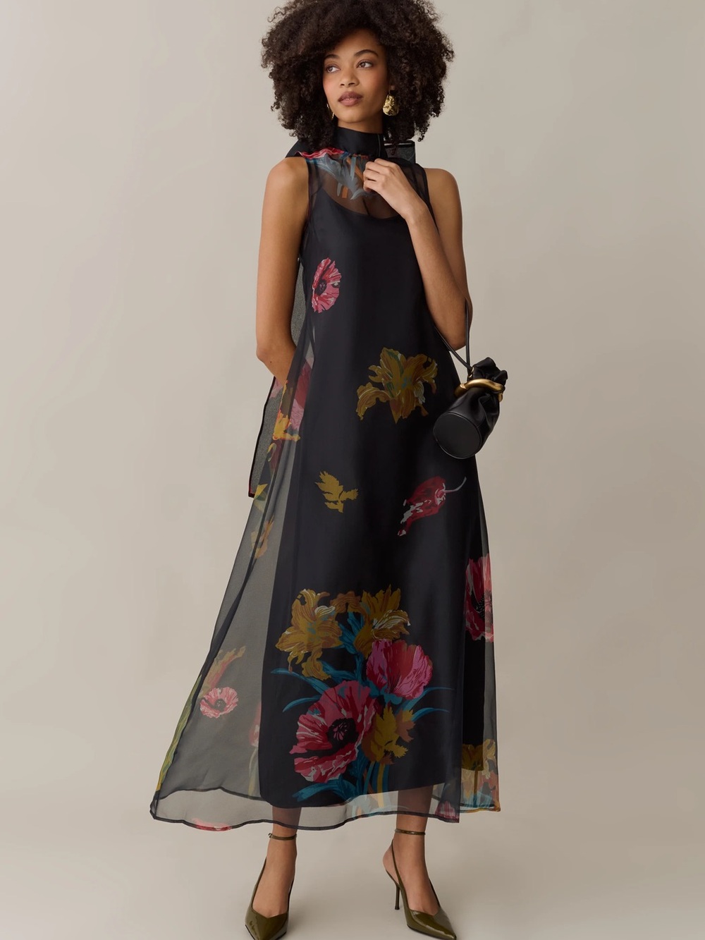 Caara Few Moda Alette Dress Sheer Floral Maxi Multicolor Tulip Blooms On Black - Picture 5 of 12
